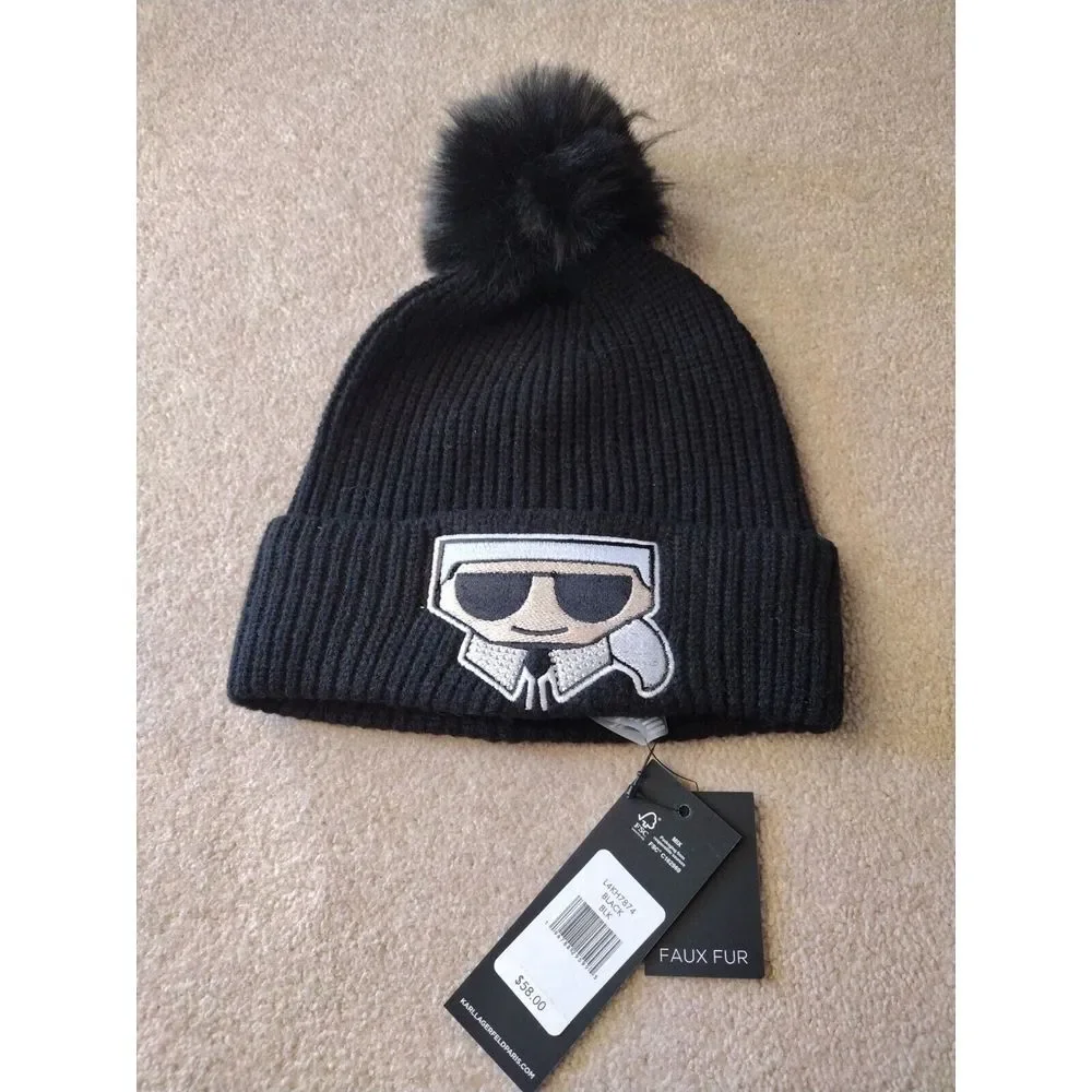 Karl Lagerfeld‎ Paris Beanie Women's One Size Black Knit Pom Rhinestone Logo